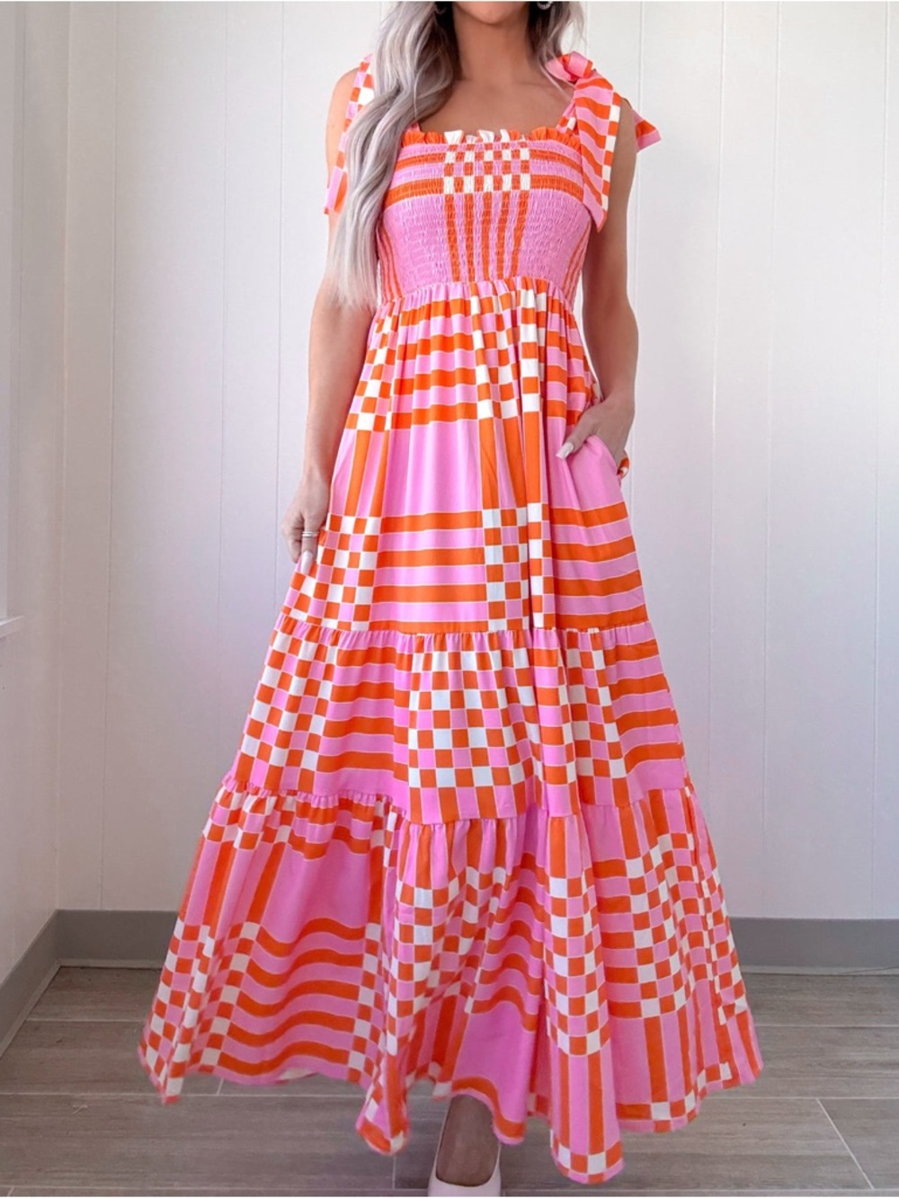 Pink & Orange Patchwork Maxi Dress Tie Strap Summer Dress Beach Vacation Dress